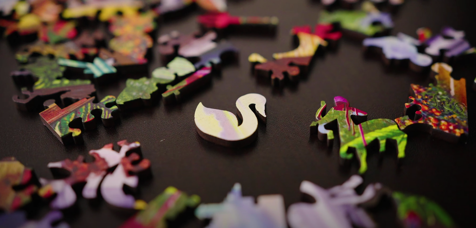 colorful wooden puzzle whimsy pieces on table